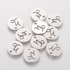 Capricorn 304 Stainless Steel Charms, Flat Round with Constellation/Zodiac Sign, Capricorn, 12x1mm, Hole: 1.5mm