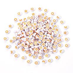 Goldenrod White Opaque Acrylic Beads, Flat Round with Heart & Flower & Moon & Star, Goldenrod, 7x4mm, Hole: 1.6mm, 200pcs/set