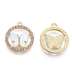 Белый Подвески из сплава , с кристаллами горного хрусталя и акрила, кольцо с подвеской в виде бабочки, золотой свет, без кадмия, без никеля и без свинца, белые, 18.5x16x2~3 мм, отверстие : 1.2 мм