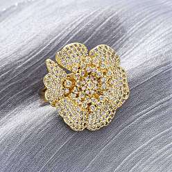 Настоящее золото 18K Латунные кольца-манжеты с микропаве и прозрачным цирконием для женщин, цветок, долговечный, без свинца и без кадмия, реальный 18 k позолоченный, 27 мм