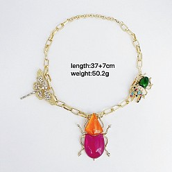 Золотой Женские ожерелья с подвеской в виде жука из латуни с цветными стразами и темно-розовой эмалью, золотые, 14.57 дюйм (37 см)