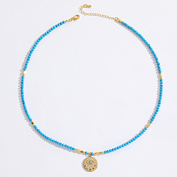 Синтетическая Бирюза Кулон из нержавеющей стали в виде «злого глаза», граненые круглые бусы из синтетической бирюзы для женщин, ионное покрытие (IP)., золотые, 15.75 дюйм (40 см)