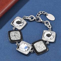 Нержавеющая Сталь Цвет 304 браслеты из нержавеющей стали с квадратными звеньями для женщин, с эмалью и стеклом, цвет нержавеющей стали, 7.60 дюйм (19.3 см)