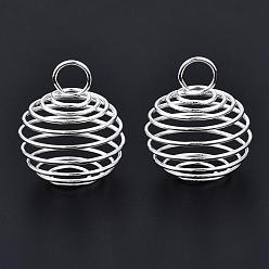 Silver Iron Wire Pendants, Spiral Bead Cage Pendants, Round, Silver, 25~26x20mm, Hole: 5~6mm