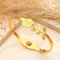 Golden 304 Stainless Steel Micro Pave Rhinestone Hinged Bangles for Women, Rose Flower, Golden, Inner Diameter: 1.81x2.40 inch(4.6x6.1cm)