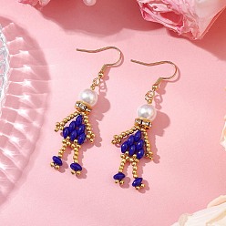 Настоящее золото 18K Серьги с подвесками из стеклянного бисера, с круглой бусиной из стеклянного жемчуга и 304 крючками из нержавеющей стали, человек, реальный 18 k позолоченный, 56x18 мм