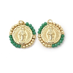 Средний Морско-зеленый Подвеска из латуни, покрытая стойкой, со стеклом, долговечный, без свинца и без кадмия, круглые, средний морской зеленый, 23.5x23x3 мм