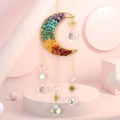 Смешанные камни Украшения из медной проволоки, крошки драгоценных камней и металлические подвески в виде луны, подвесные ловцы солнца, со стеклянной подвеской-каплейкой, 50~55x11 см
