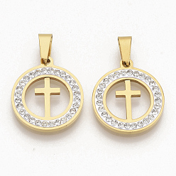 Золотой 201 подвески из нержавеющей стали, со случайным размером оснастки на поручителях и стразами из полимерной глины и хрусталя, плоские круглые с крестом, золотые, 23x20x3 мм, отверстие : 8~10x3~5 мм