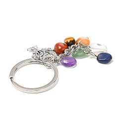 Mixed Stone Natural Gemstone Keychains, with Alloy Tree of Life Charms and Keychain Ring Clasps, 83mm