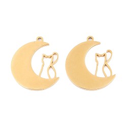 Настоящее золото 18K 304 подвески из нержавеющей стали, луна с кошачьим шармом, ионное покрытие (ip), реальный 18 k позолоченный, 25x21.5x1.5 мм, отверстие : 1.6 мм