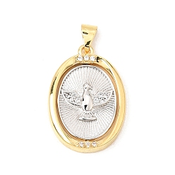 Platinum & Golden Brass Micro Pave Clear Cubic Zirconia Pendants, Oval with Dove Charms, Platinum & Golden, 25x17x2mm, Hole: 3.5X5mm