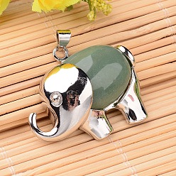 Зеленый Авантюрин Естественный зеленый авантюрин подвески, с латунной фурнитурой платинового цвета, слон, 29x38x10 мм, отверстие : 5x3.5 мм