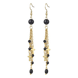 Золотой Круглые серьги с крестом 304 из нержавеющей стали, с синтетическим голубым Голдстоун, золотые, 96x8.5 мм