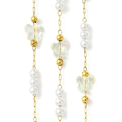 Бежевый 10М-ионное покрытие (IP) 304 Цепи из нержавеющей стали и АБС-пластика с жемчужными бусинами и стеклянными звеньями-бабочками, пайки, с катушкой, реальный 18 k позолоченный, бежевые, Бабочка: 6.5x7.5x5 mm, бусина : 4x3.5 mm, около 32.81 футов (10 м) / рулон