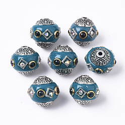 Темный Голубой Полимерная глина бисера, со стразами и антикварными серебряными металлическими находками, овальные, темные голубые, 14.5~16x14 мм, отверстие : 1.6 мм