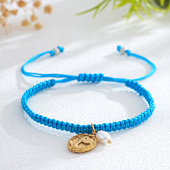 Озёрно--синий Браслеты с подвесками из латуни и искусственного жемчуга, плетеные браслеты из полиэфирного шнура для женщин, овальные с листа, Плут синий, 11.02 дюйм (28 см)