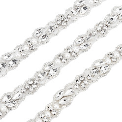 Clear Glass Crystal Hotfix Rhinestone, with Hot Melt Adhesive Stick & Alloy Settings, with Imitation Pearl, for DIY Bridal Belt, Clear, 16x4.5mm