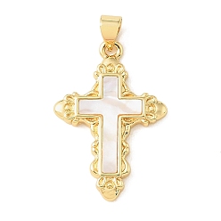 Real 18K Gold Plated Brass & Natural White Shell Pendants, Cross Charms, Rack Plating, Long-Lasting Plated, Cadmium Free & Lead Free, Real 18K Gold Plated, 28x19x2.5mm, Hole: 4x3.5mm