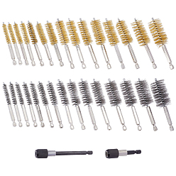 Mixed Color 30Pcs 30 Styles Stainless Steel Bore Brush, Copper Pipe Cleaner, with 2Pcs 2 Styles Carbon Steel Hexagonal Handle Quick Release Self-Locking Column Extension Rod, Mixed Color, 98.5~103mm