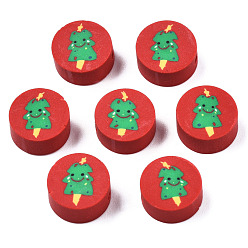 Dark Red Handmade Polymer Clay Beads, Christmas Style, Flat Round with Christmas Tree, Dark Red, 9x4~4.5mm, Hole: 1.5mm
