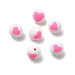 Pink Бусины из полимерной глины , круглые с сердца шаблона, розовые, 10 мм, отверстие : 1.5 мм
