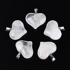 Хрусталь Природного кварца хрустальных подвесок, Подвески в форме сердца из горного хрусталя с железными защелками., платина, 21.5~22x25~25.5x10.5~11 мм, отверстие : 7.5x3.5 мм