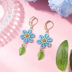 Светло-Голубой 304 серьги-гвоздики с застежкой-молнией в форме цветка и листа из нержавеющей стали, со стеклянными бусинами, нейлоновой проволокой и акриловыми подвесками, золотые, Небесно-голубой, 56x18 мм