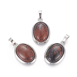 Красный Обсидиан Натурального красного дерева обсидиана подвески, с латунной фурнитурой , овальные, платина, 25~26x17~17.5x8~9 мм, отверстие : 8x5 мм