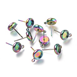 Rainbow Color Ion Plating(IP) 304 Stainless Steel Stud Earring Settings, with Loop, Flat Round, Rainbow Color, Flat Round: 11x8.3mm, Hole: 1.6mm, Pin: 0.8mm, Tray: 6mm