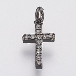 Черный Цвет Металла Латунные микро проложить кубического циркония подвески, без свинца и без кадмия, крестик, металлический черный , 16x8.5x2 мм, отверстие : 2.5 мм