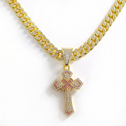 Золотой Мужская цепочка в стиле хип-хоп из цинкового сплава с кристальными и розовыми стразами, религиозный крест, цепочка кубинского плетения., золотые, 19.69 дюйм (50 см)