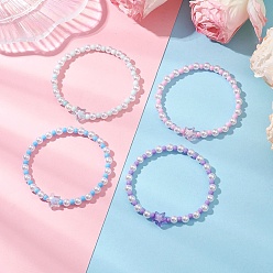 (52) Непрозрачная лаванда 4шт. АБС-пластик, имитация жемчуга, круглые бусины, эластичные браслеты для женщин, с акриловой звездочкой и стеклянными бусинами, разноцветные, 2-1/8 дюйм (5.5 см)