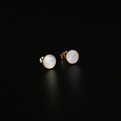 Golden 304 Stainless Steel Flat Round Stud Earrings, with Natural Shell, Golden, 8mm