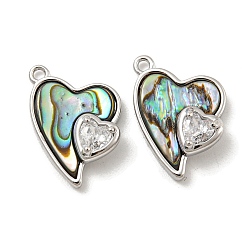 Real Platinum Plated Natural Paua Shell Pendants, Brass Pave Clear Glass Heart Charms, Real Platinum Plated, 16.5x12x5mm, Hole: 1.2mm