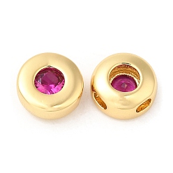 Hot Pink Brass Micro Pave Cubic Zirconia Beads, Flat Round, Real 18K Gold Plated, Cadmium Free & Nickel Free & Lead Free, Hot Pink, 8x4mm, Hole: 1.5mm