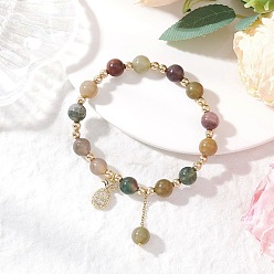 (RRHB277) Кристалл на подкладке из медово-бежевого цвета Браслеты из натурального индийского агата с круглыми бусинами, Браслеты с подвесками в виде ананаса из латуни с микропаве из кубических цирконий для женщин, внутренний диаметр: 2-1/4 дюйм (5.8 см)