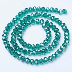 Dark Cyan Electroplate Glass Beads Strands, AB Color Plated, Faceted, Rondelle, Dark Cyan, 6x5mm, Hole: 1mm, about 85~88pcs/strand, 16.1~16.5 inch(41~42cm)