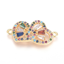 Golden Brass Micro Pave Cubic Zirconia Links connectors, Long-Lasting Plated, Heart with Heart, For Valentine's Day, Colorful, Golden, 22x11x4mm, Hole: 1.2mm