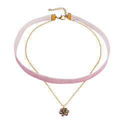 Золотой Подвеска-цветок из стеклянных бусин, односторонняя, средняя орхидея, бархатная лента и латунная цепочка, двухслойное колье-чокер, золотые, 13.78 дюйм (35 см)