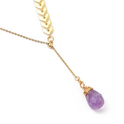Amethyst Brass Lariat Necklaces, with Teardrop Natural Amethyst, Cobs Chains & Cable Chains, Golden, 19.49 inch(49.5cm)