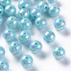 Sky Blue Opaque Acrylic Beads, AB Color Plated, Round, Sky Blue, 12x11mm, Hole: 2.5mm, about 566pcs/500g