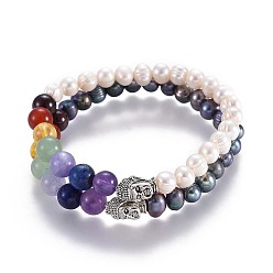 Gemischte Farbe Natürliche Perle Stretch-Armbänder, mit gemischten runden Edelsteinperlen und legierten 3 Buddha-Kopfperlen, Gemischte Farbe, 2 Zoll (5.2 cm), 2 Stück / Set