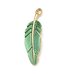 Зеленый 304 подвеска из нержавеющей стали, окрашенная распылением, подвески в форме пера, реальный 18 k позолоченный, вакуумное покрытие pvd, долговечный, зелёные, 34x10x2.5 мм, отверстие : 1.8 мм