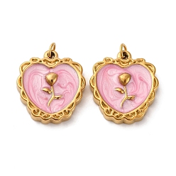Pink 304 нержавеющей стальной эмали подвески, сердце с цветочным шармом, с целью перехода в кольце, ионное покрытие (ip), реальный 18 k позолоченный, розовые, 17x15x3.5 мм, отверстие : 2.5 мм