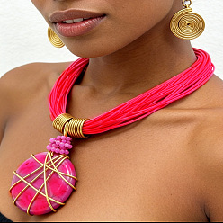 Фуксиновый Комплект из многорядного ожерелья и спиральных сережек из сплава смолы, обмотанного проволокой и вощеного шнура, для женщин., красно-фиолетовые, 500 мм