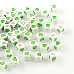 Зеленый лайм Непрозрачный акрил европейского бисера, кубические бусины с большим отверстием , с сердцем шаблон, зеленый лайм, 7x7x7 мм, отверстие : 4 мм, Около 2300 шт / 500 г