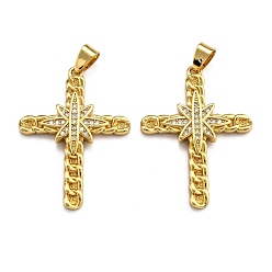 Real 18K Gold Plated Brass Micro Pave Clear Cubic Zirconia Pendants, Cadmium Free & Lead Free, Long-Lasting Plated, Cross, Real 18K Gold Plated, 35x25.5x3mm, Hole: 2.5x4.5mm