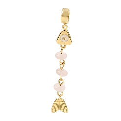 Rose Quartz Brass Pave Cubic Zirconia Clear Cubic Zirconia & Natural Rose Quartz & Enamel European Dangle Charms, Large Hole Charms, Fish, Rack Plating, Long-Lasting Plated, Cadmium Free & Lead Free, Real 18K Gold Plated, 54.5mm, Hole: 5.5mm
