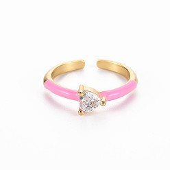 Pearl Pink Brass Enamel Cuff Rings, Open Rings, Solitaire Rings, with Clear Cubic Zirconia, Nickel Free, Heart, Golden, Pearl Pink, US Size 7(17.3mm)